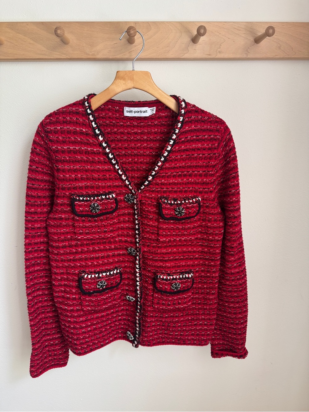 Self Portrait Red Melange Knit Cardigan Embellished Buttons L